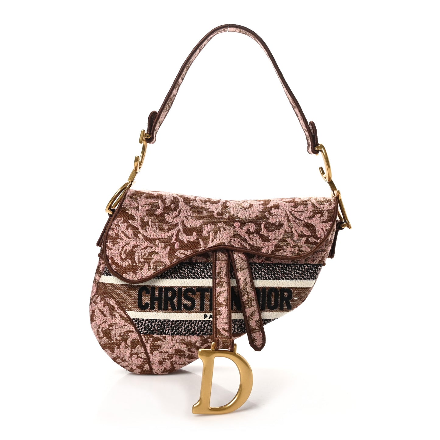Canvas Embroidered Brocart Saddle Bag Metallic Pink