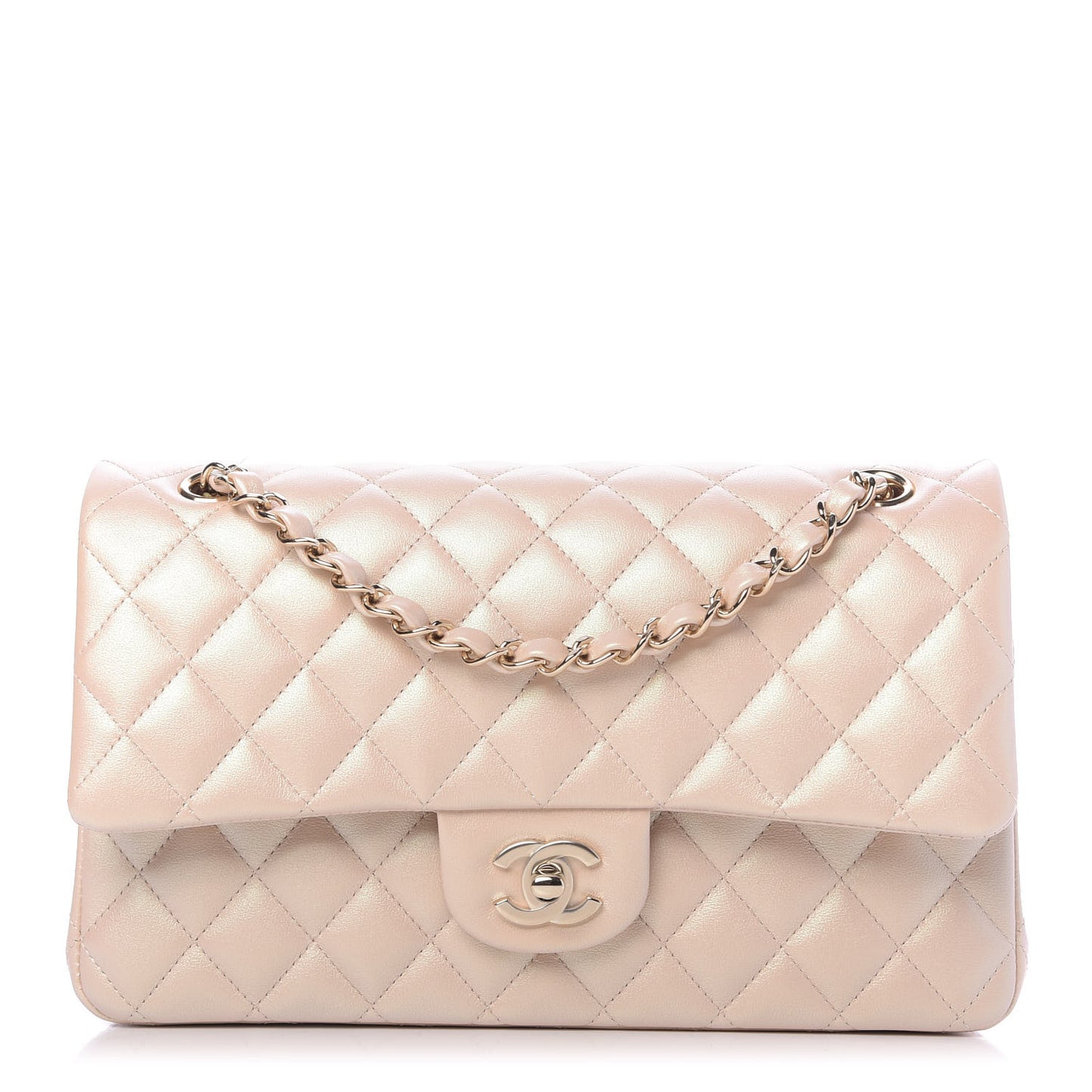 Iridescent Calfskin Quilted Medium Double Flap Beige