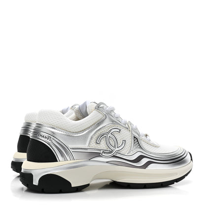 Chanel Fabric Laminated Calfskin Stretch CC Womens Sneakers 38.5 White Silver 4 of 9