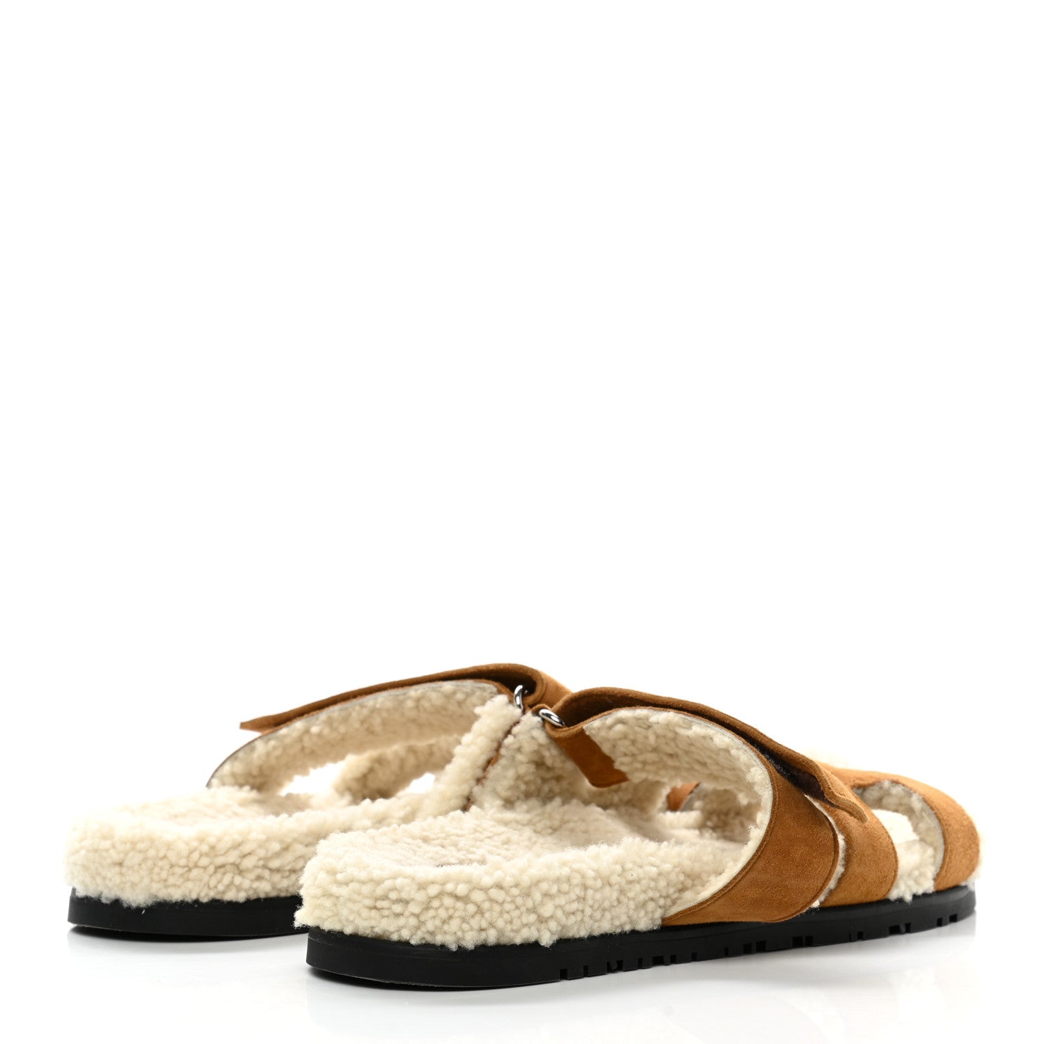 Hermes Suede Goatskin Woolskin Womens Chypre Sandals 39 Brun Fume Ecru 4 of 8