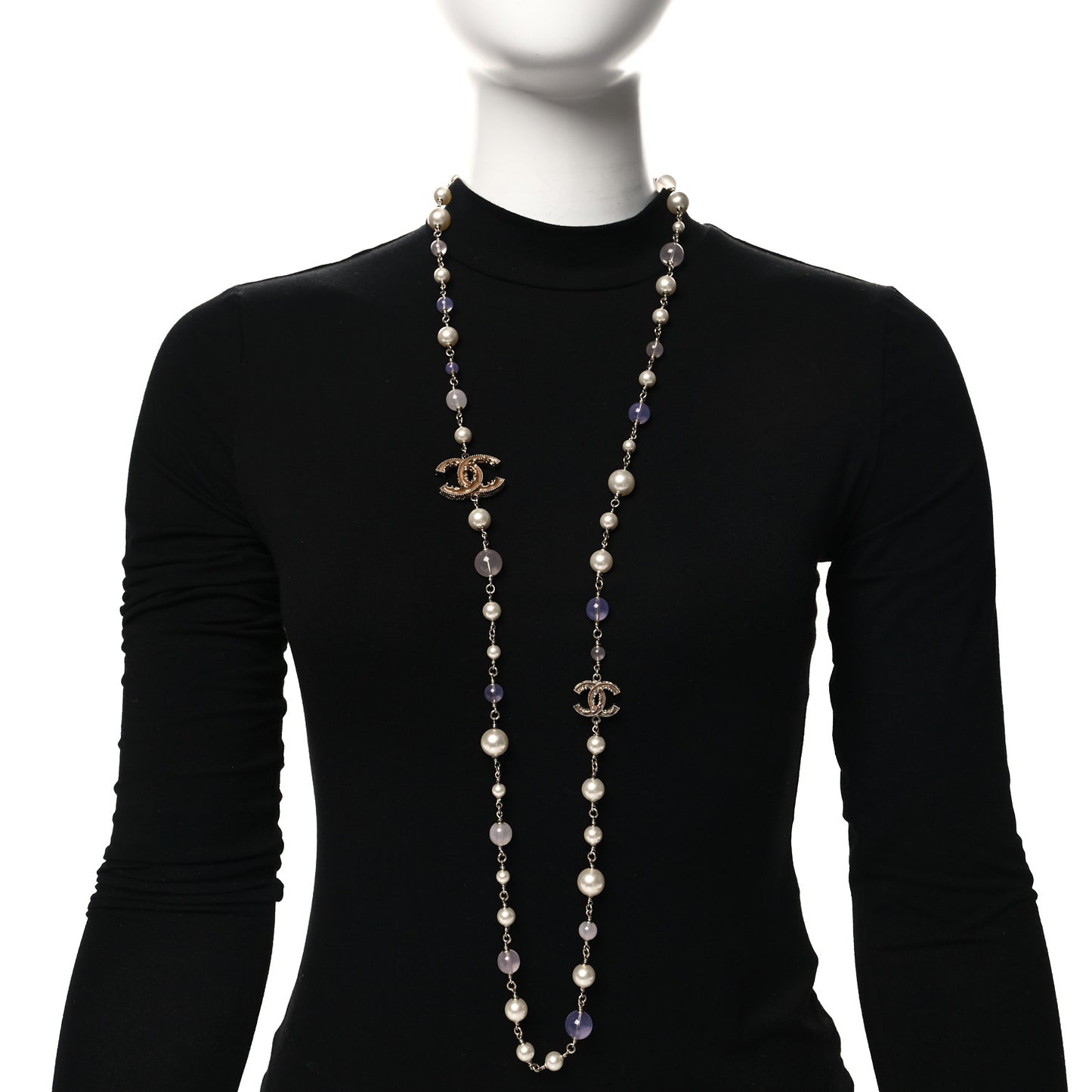 Beaded Pearl CC Long Strand Necklace Gold Purple