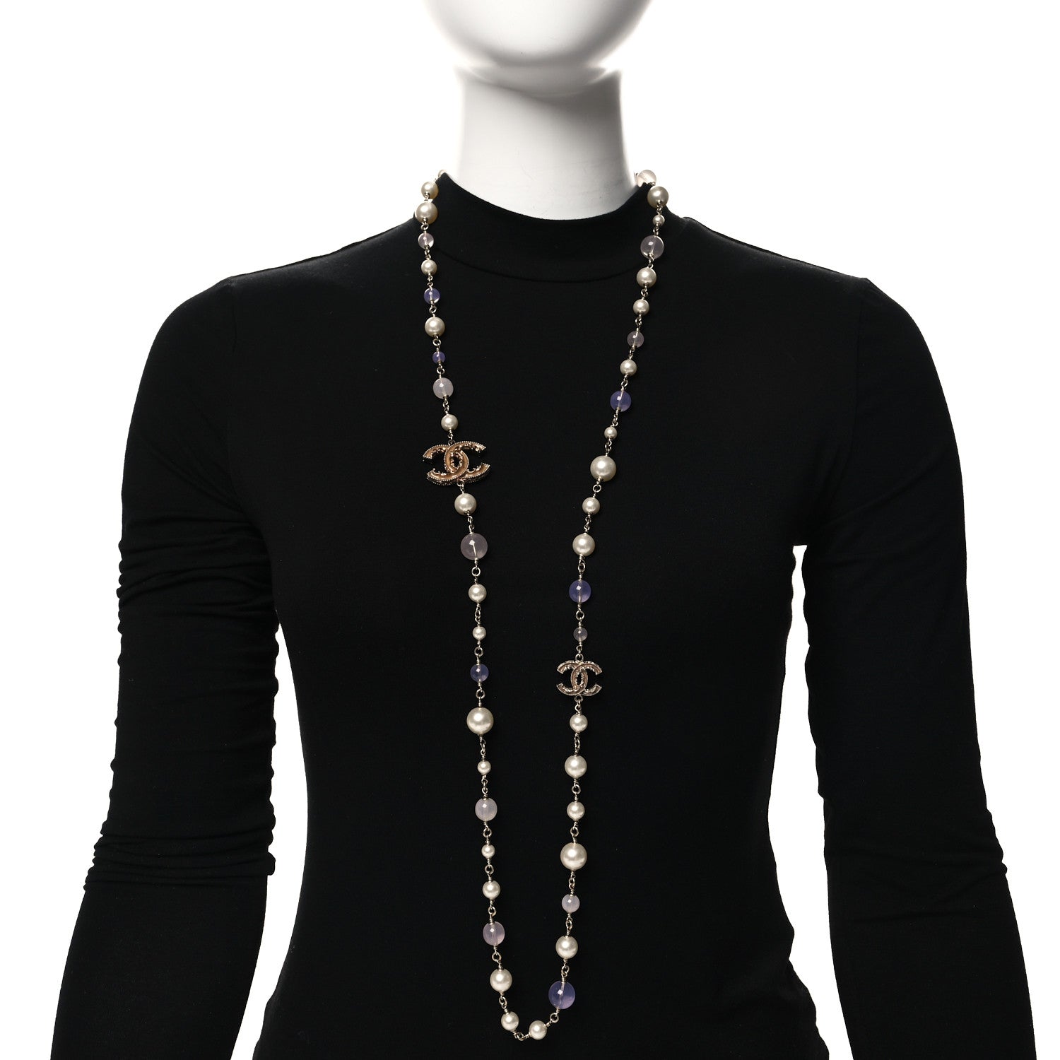 Chanel Beaded Pearl CC Long Strand Necklace Gold Purple 2 of 4