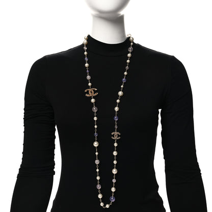 Chanel Beaded Pearl CC Long Strand Necklace Gold Purple 2 of 4