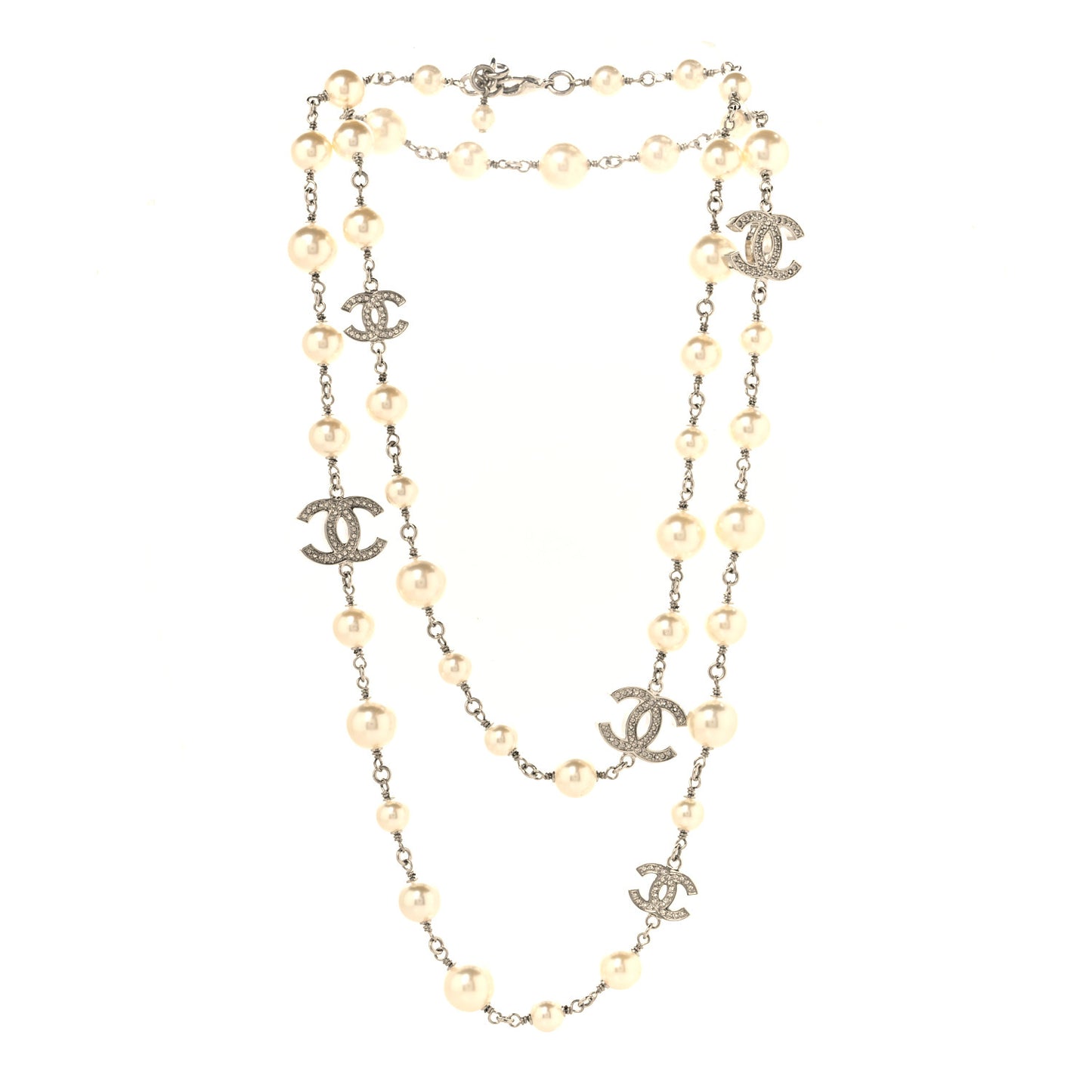 Graduated Pearl Crystal CC Long Necklace Silver