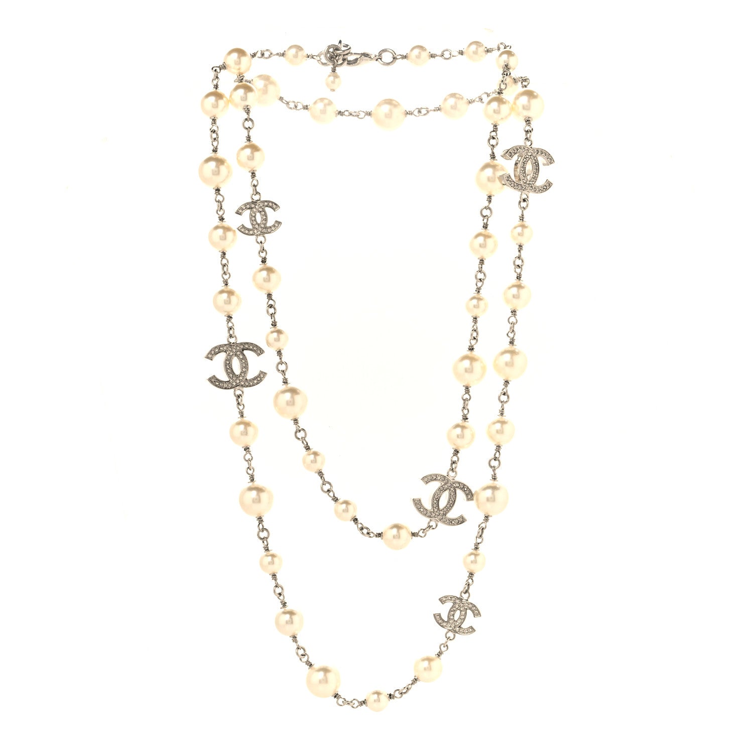 Chanel Graduated Pearl Crystal CC Long Necklace Silver 3 of 5