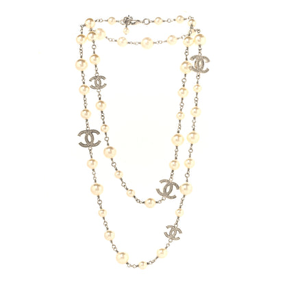 Chanel Graduated Pearl Crystal CC Long Necklace Silver 3 of 5