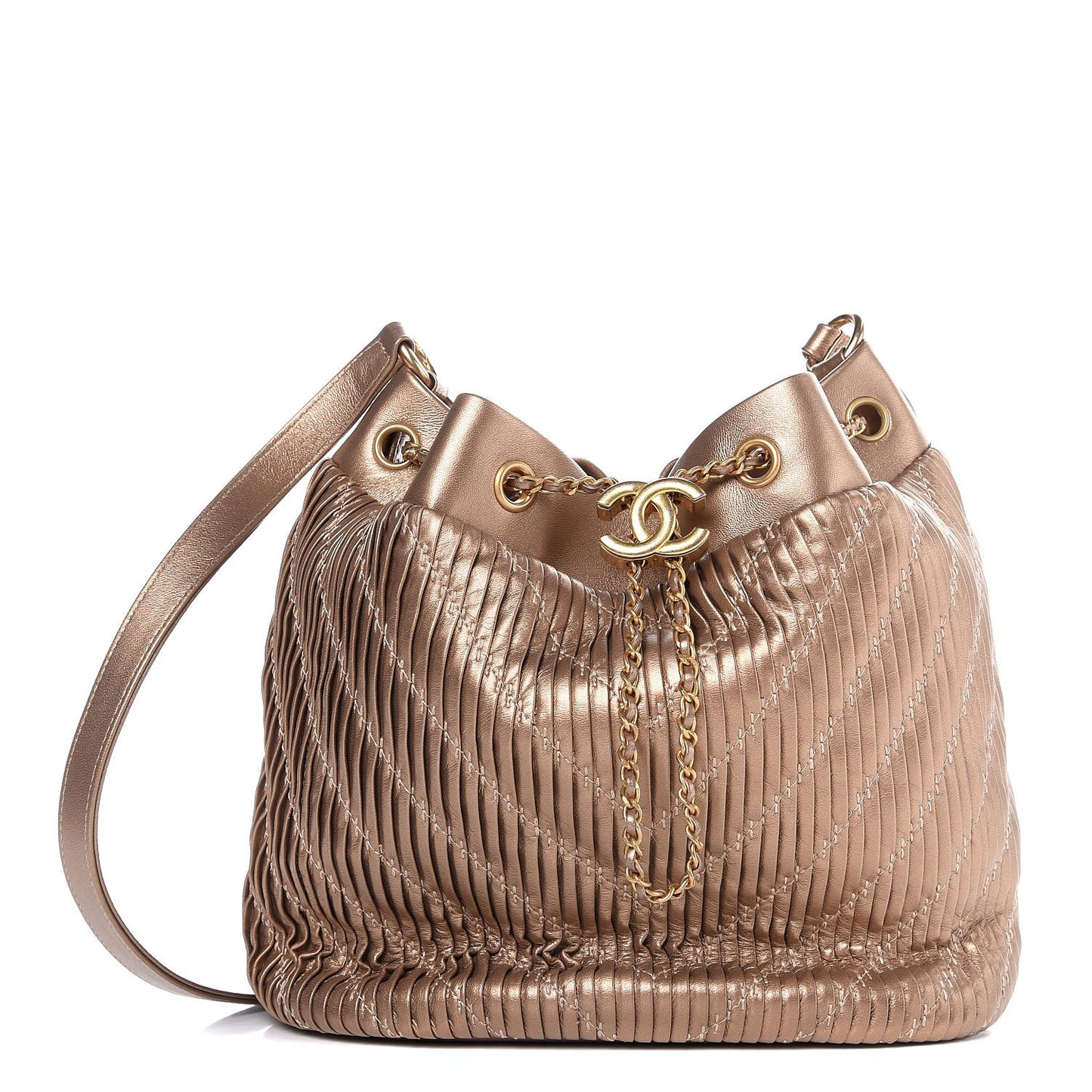 Metallic Lambskin Coco Pleats Drawstring Bag Gold