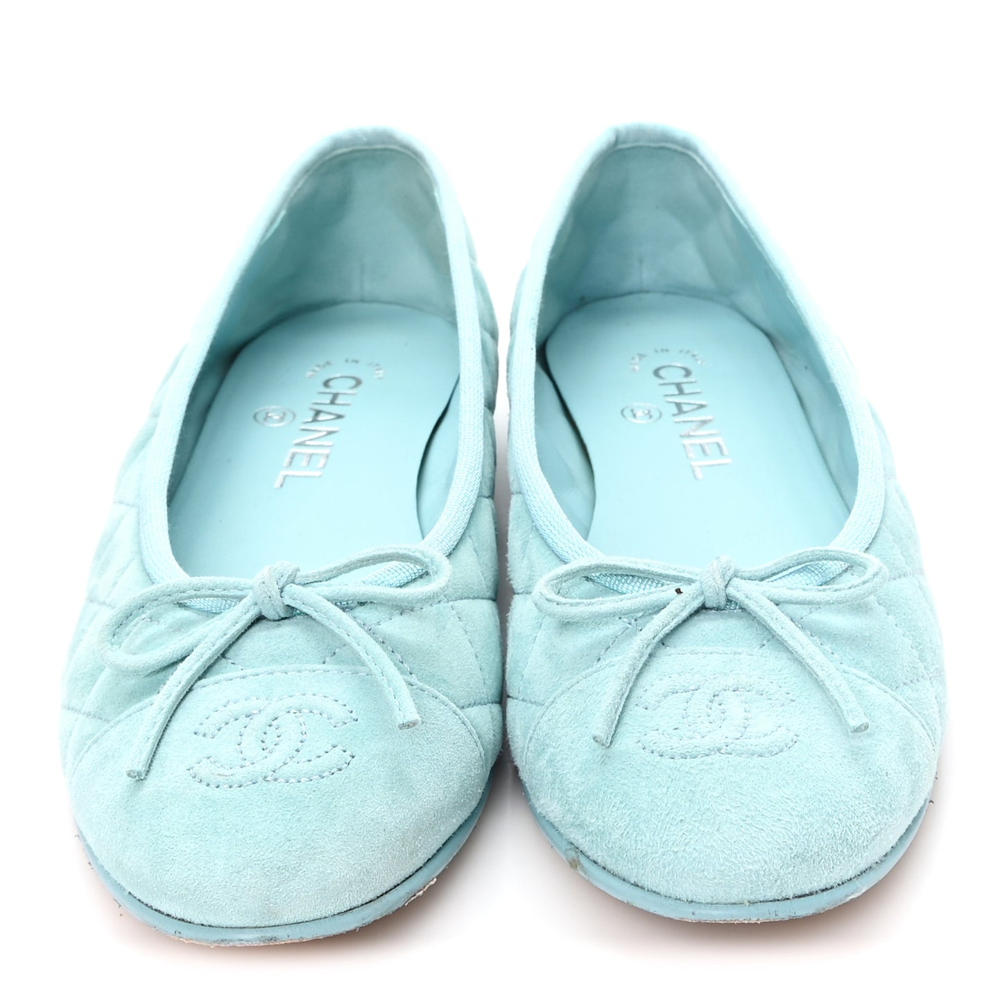 Suede Calfskin Quilted Cap Toe CC Ballerina Flats 38 Light Blue