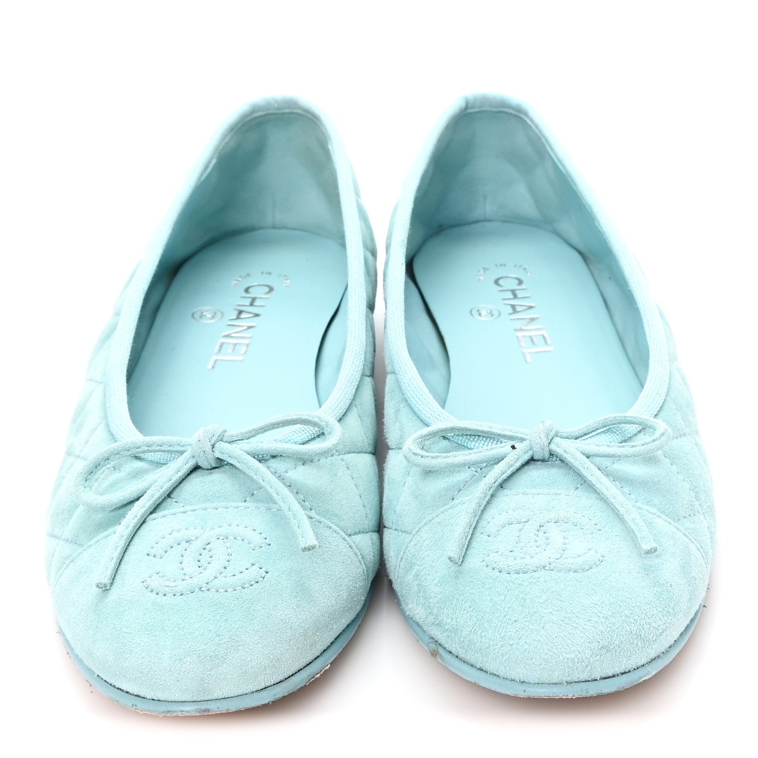 Chanel Suede Calfskin Quilted Cap Toe CC Ballerina Flats 38 Light Blue 3 of 10