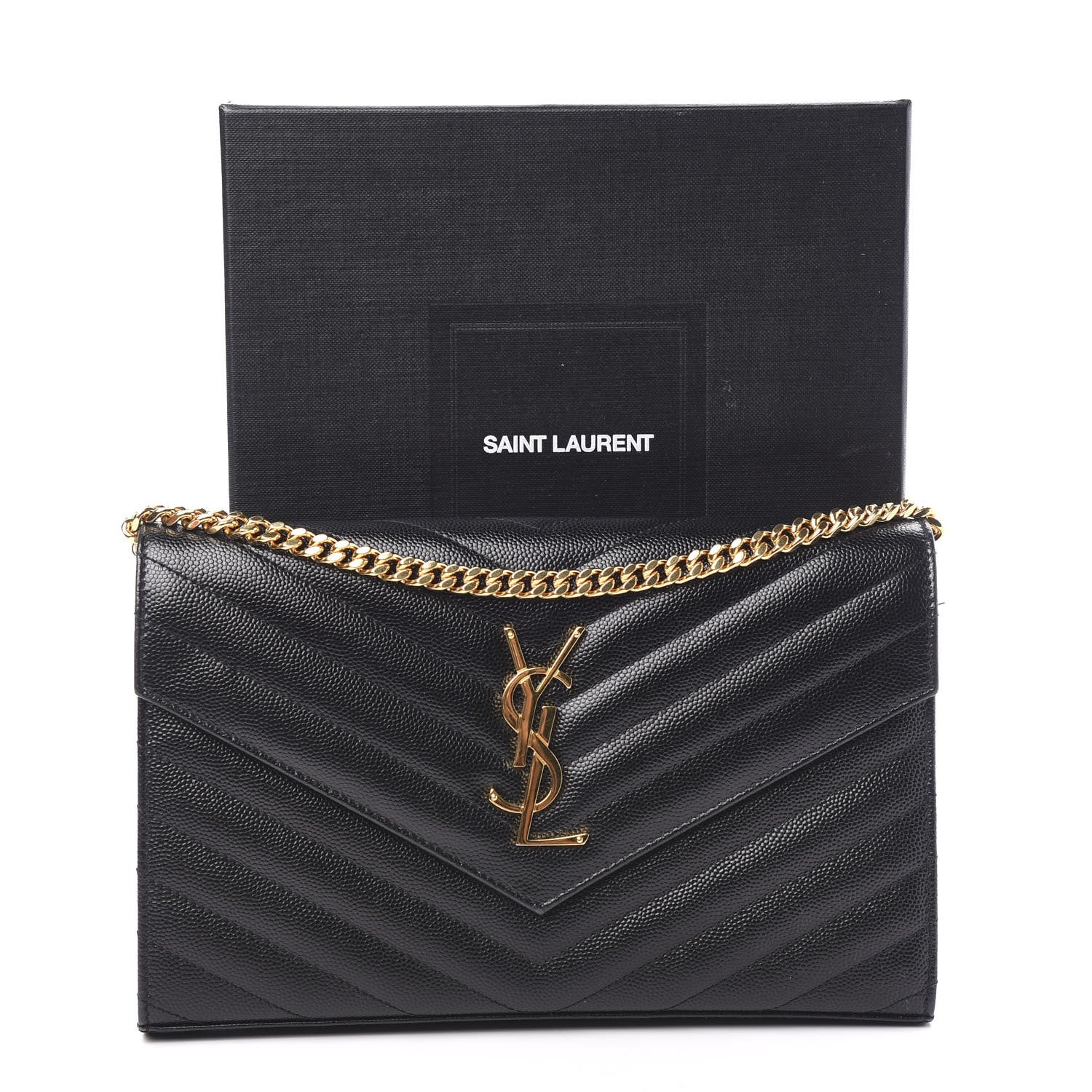 Saint Laurent Grain De Poudre Matelasse Chevron Monogram Chain Wallet Black 8 of 8