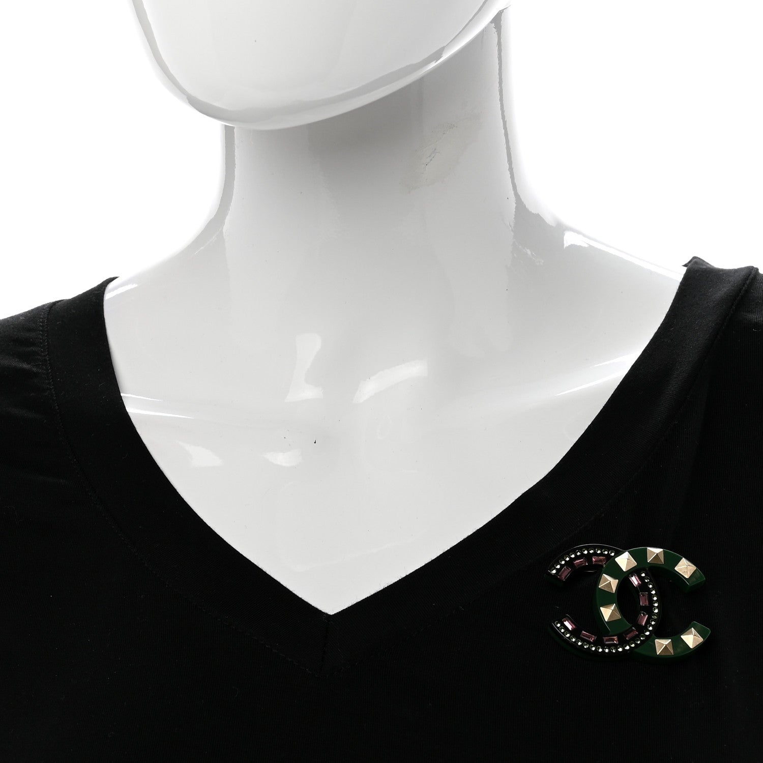Chanel Resin Crystal Studded CC Brooch Green Multicolor 2 of 5