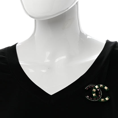 Chanel Resin Crystal Studded CC Brooch Green Multicolor 2 of 5