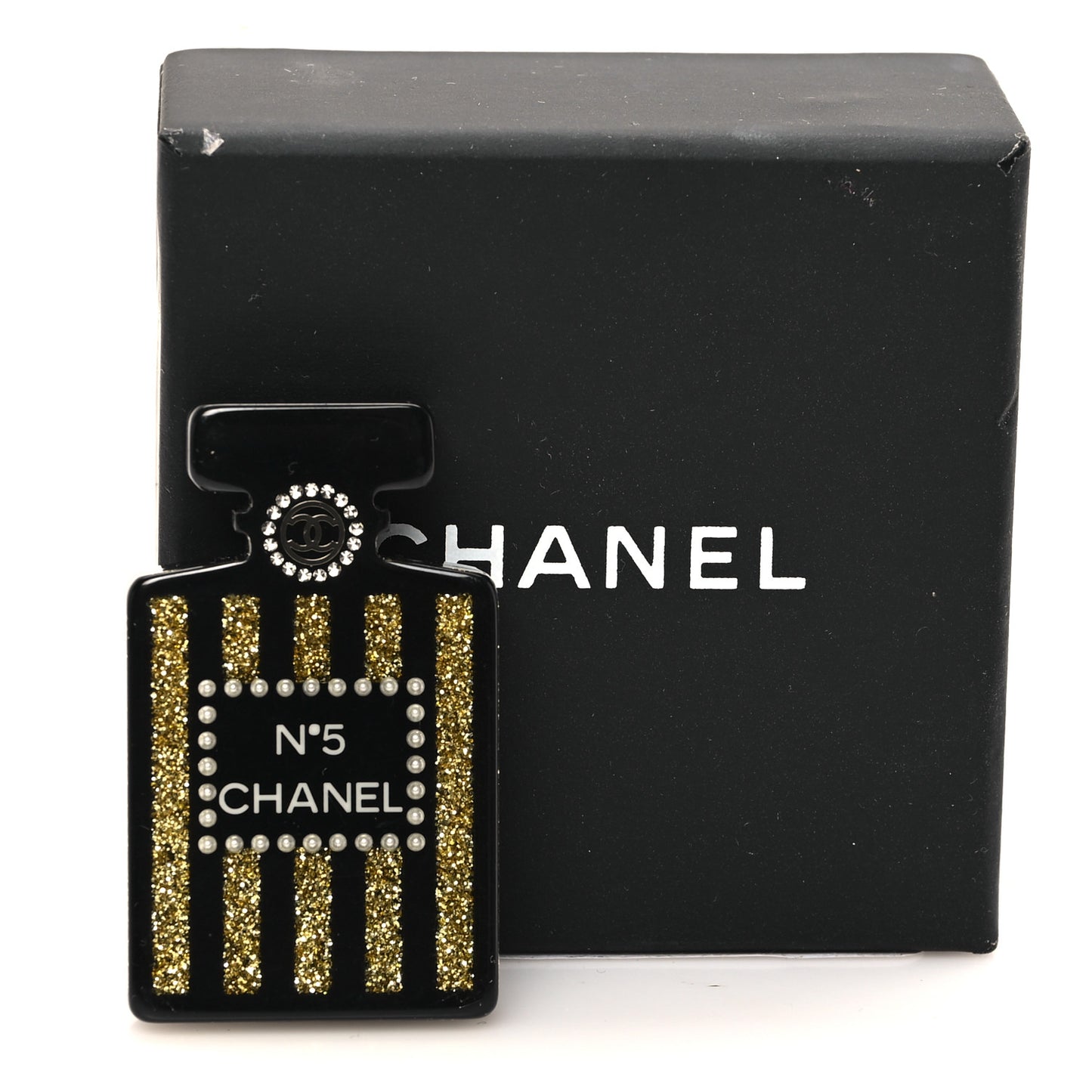 Resin Strass Perfume Bottle CC Brooch Black Gold