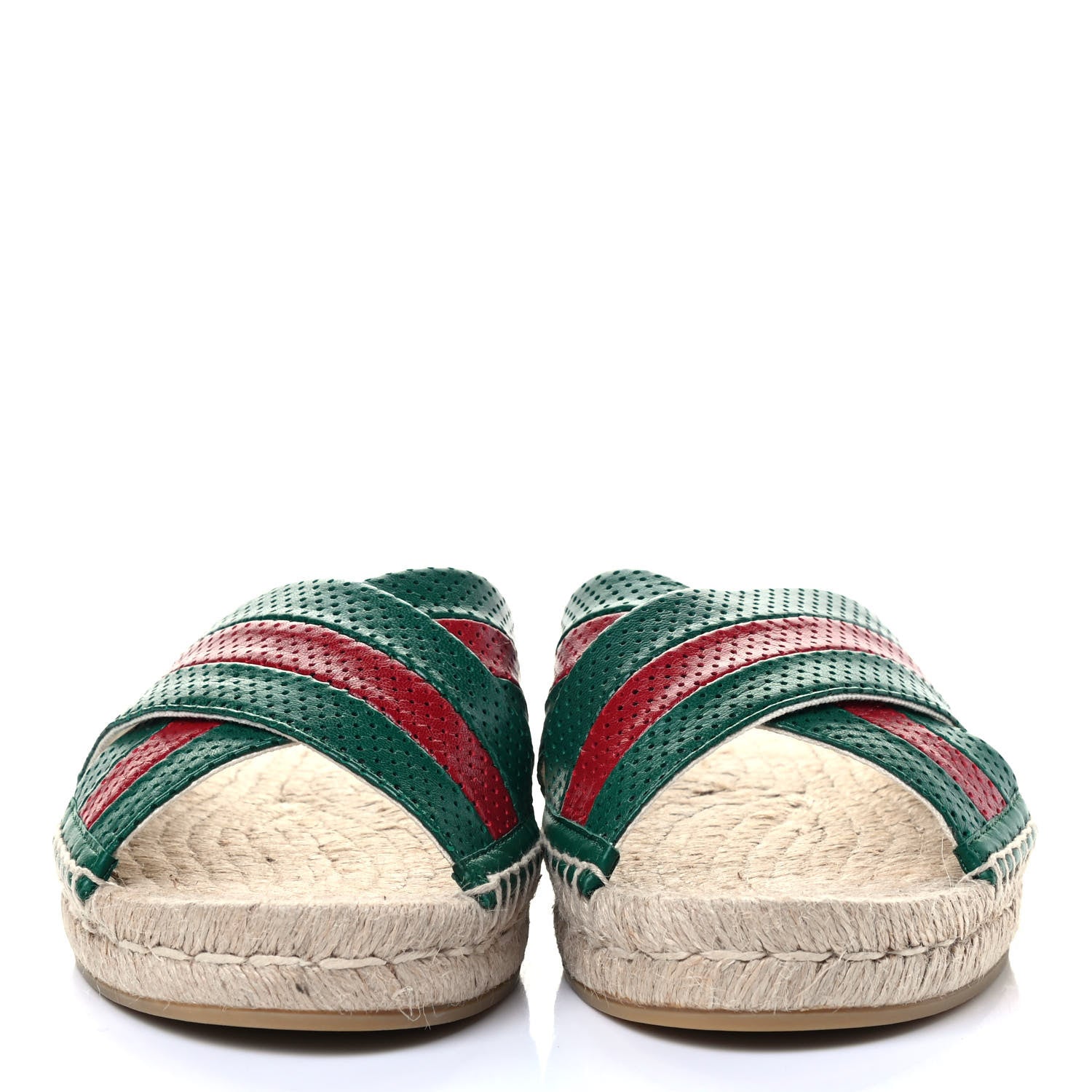 Gucci Malaga Kid Perforated Criss Cross Espadrille Slide Sandals 38 Emerald Hibiscus Red 2 of 6