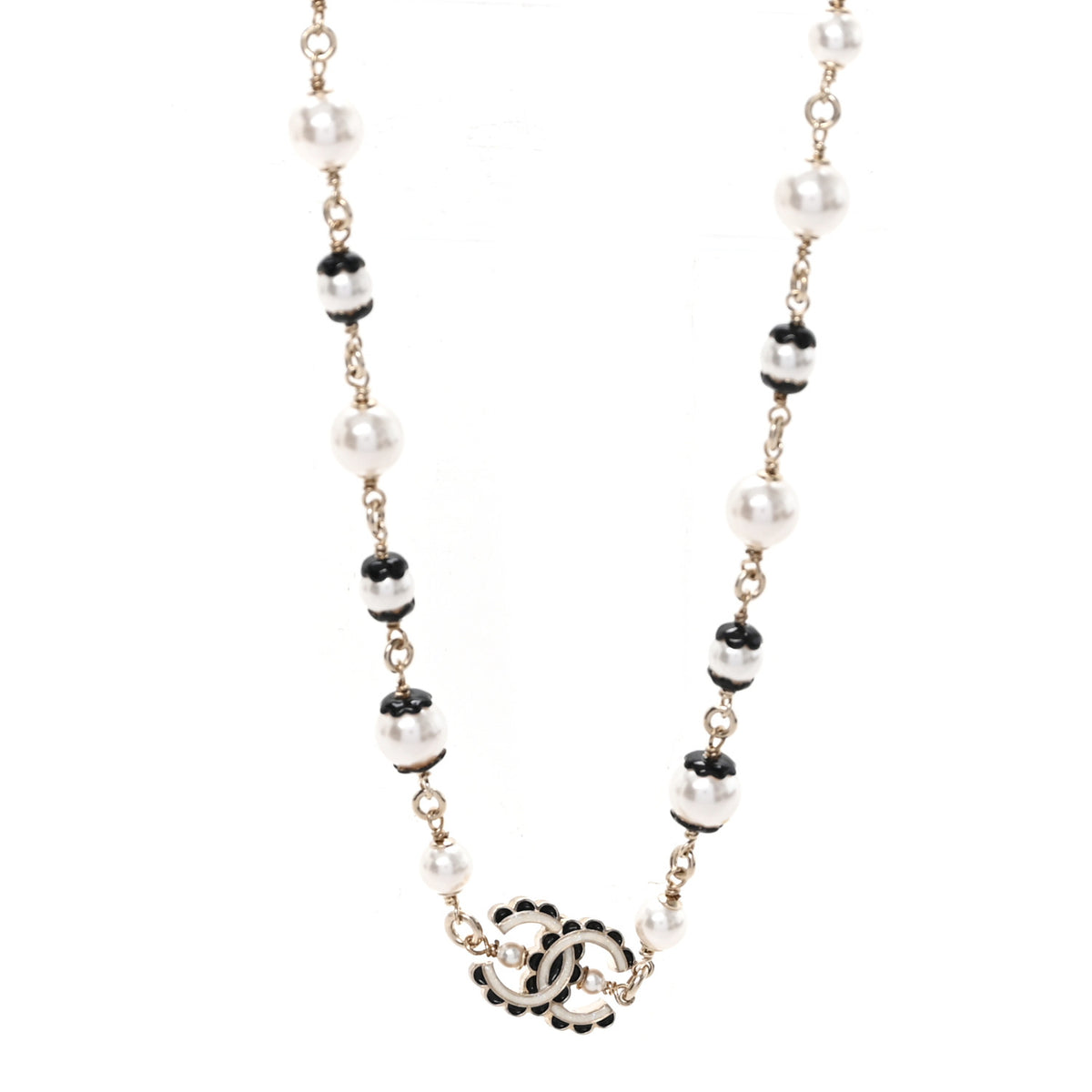 Chanel Metal Enamel Pearl CC Necklace Gold Black White 1 of 5