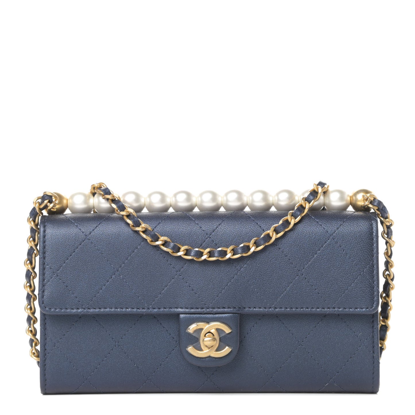 Iridescent Lambskin Quilted Chic Pearls Clutch With Chain Blue