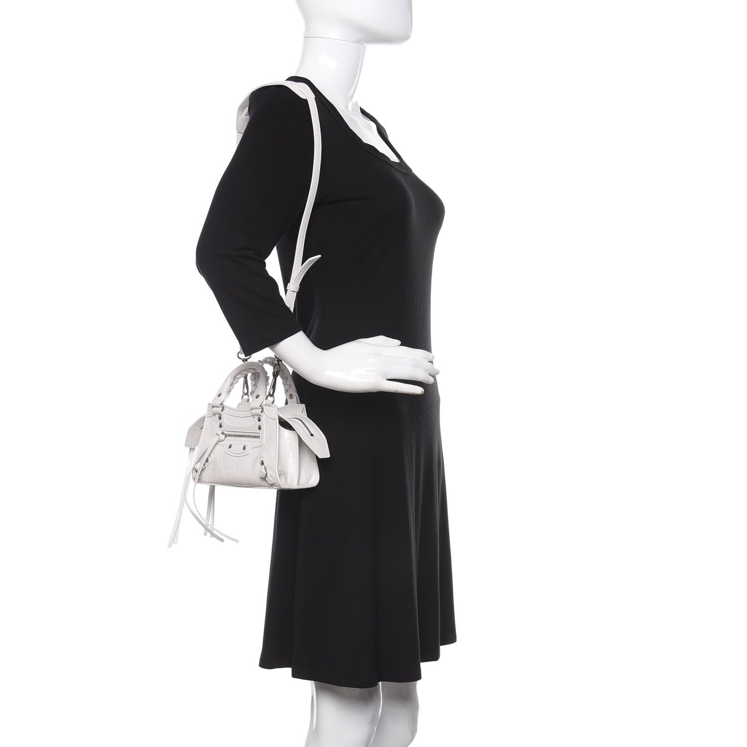 Balenciaga Semi Shiny Calfskin Crocodile Embossed Neo Classic Silver Hardware Nano City Crossbody White 2 of 10