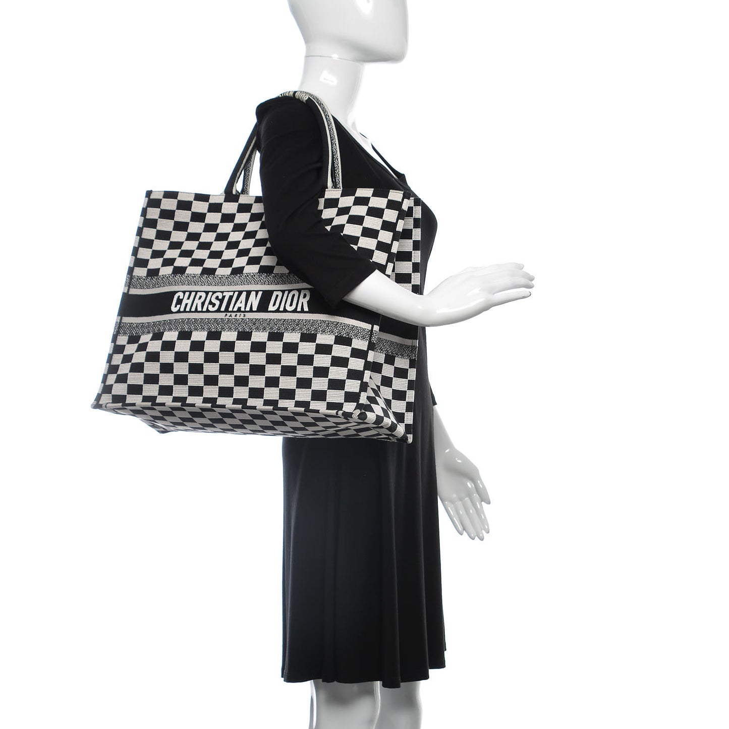 Canvas Embroidered Checkered Book Tote Black White