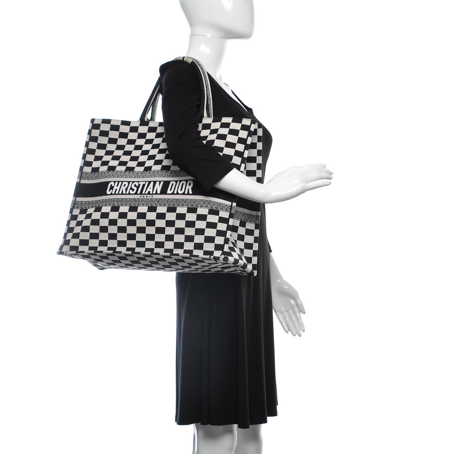 Christian Dior Canvas Embroidered Checkered Book Tote Black White 2 of 11