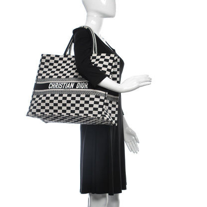 Christian Dior Canvas Embroidered Checkered Book Tote Black White 2 of 11