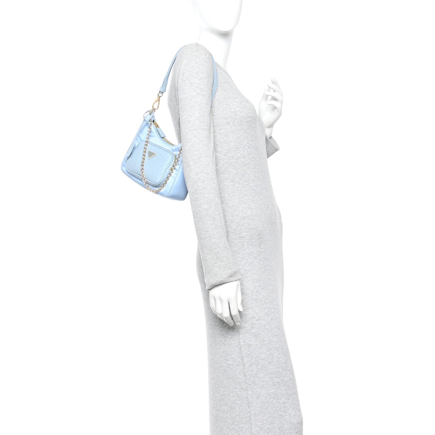 Prada Re-Nylon Ostrich Mini Shoulder Bag Cielo 2 of 11