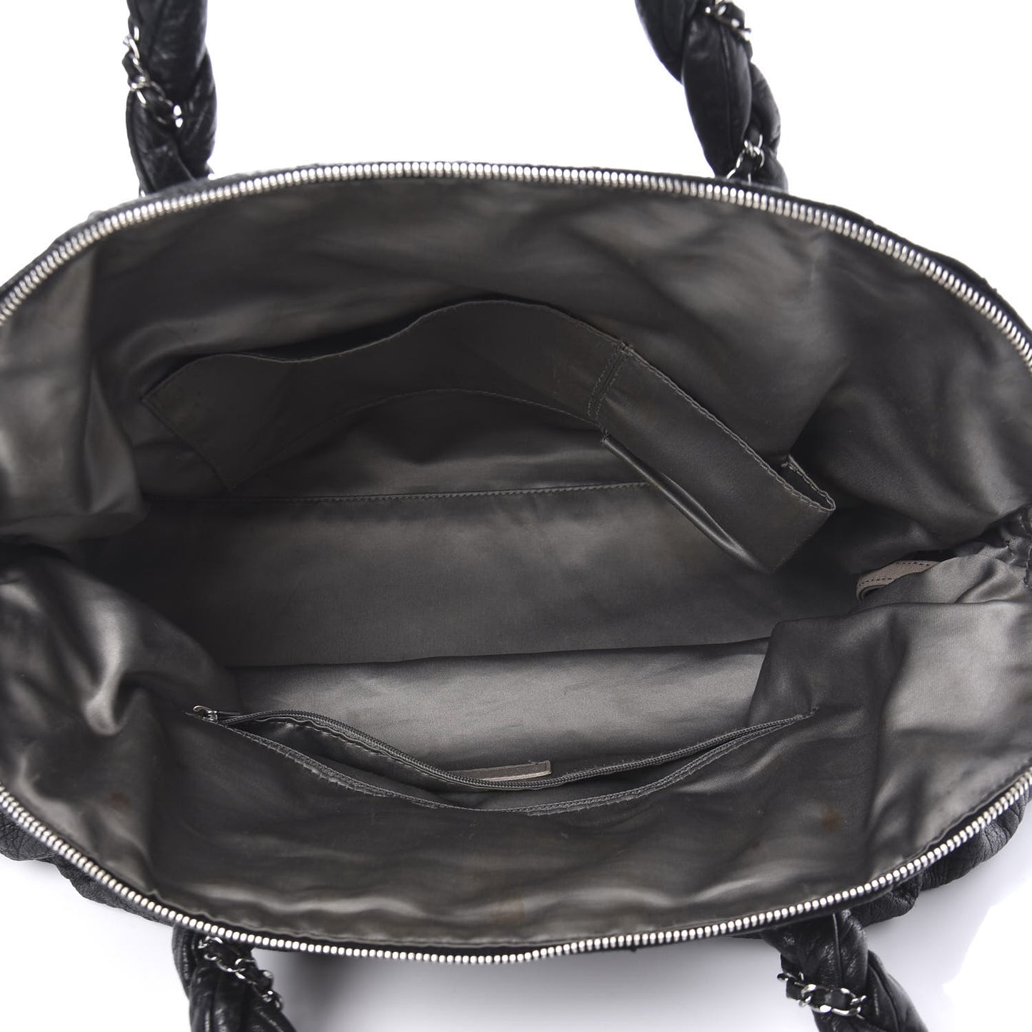 Distressed Lambskin Large Lady Braid Satchel Black