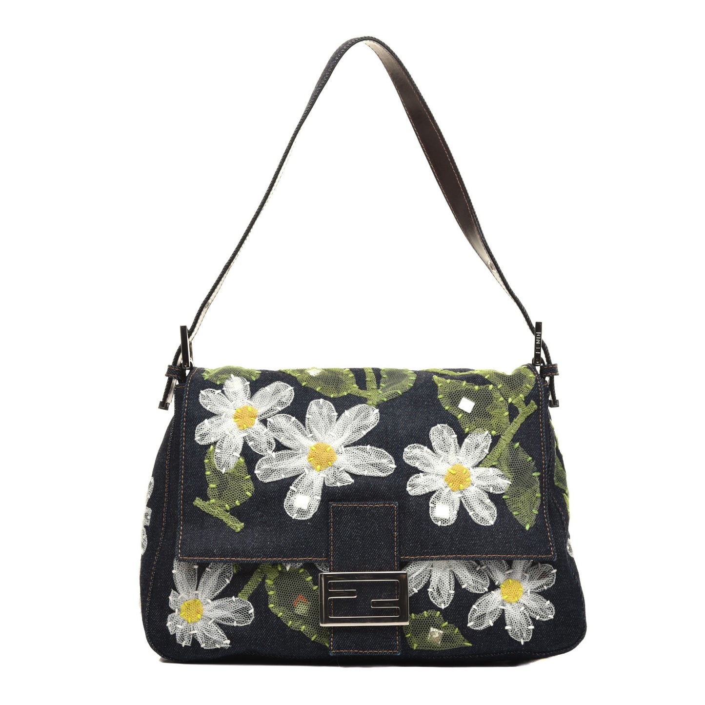 Denim Flower Applique Mama Baguette Blue