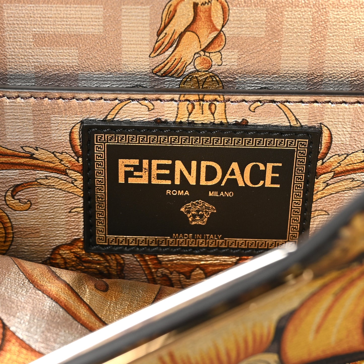X VERSACE Vitello Seta Nappa Fendace FF Baroque Medium Peekaboo I SEE U Satchel Tobacco Black Gold