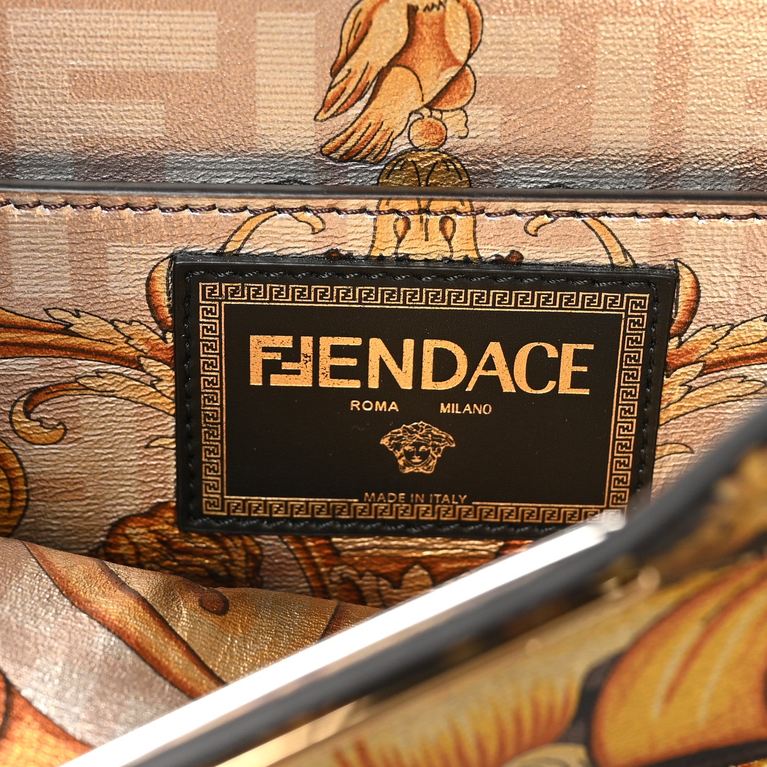 Fendi X VERSACE Vitello Seta Nappa Fendace FF Baroque Medium Peekaboo I SEE U Satchel Tobacco Black Gold 7 of 10