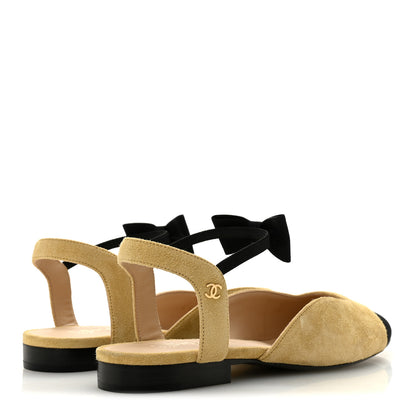 Chanel Suede Grosgrain Bow Cap Toe CC Slingback Flats 38 Beige Black 5 of 10