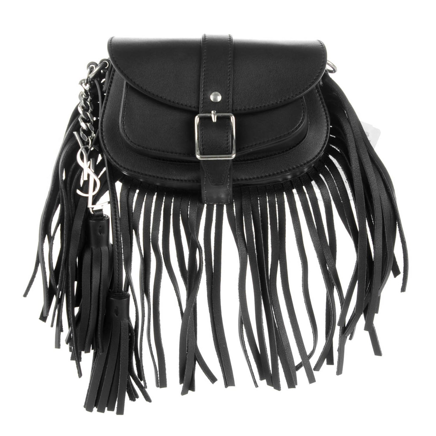 Calfskin Mini Curved Fringe Saddle Bag Black