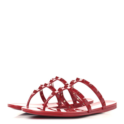 Valentino Garavani PVC Jelly Monochrome Rockstud Caged Flat Thong Sandals 38 Rosso 4 of 9