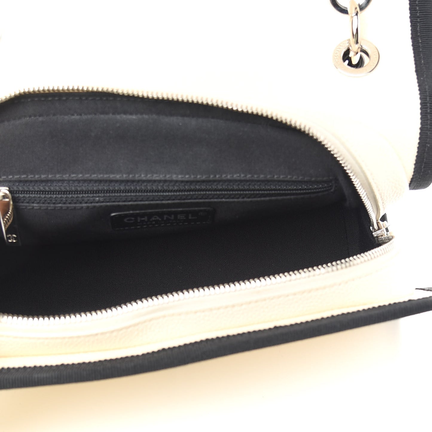 Caviar Grosgrain Quilted Top Handle CC Flap Beige Black