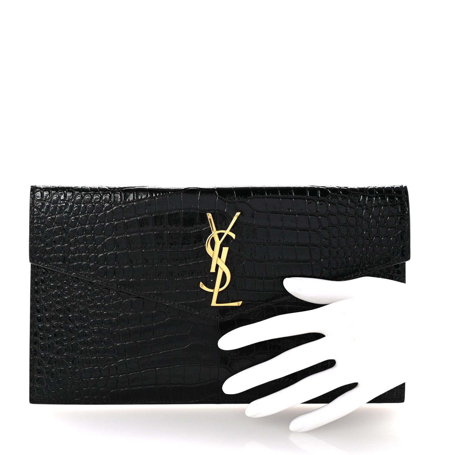 Saint Laurent Calfskin Crocodile Embossed Uptown Monogram Pouch Black 2 of 6