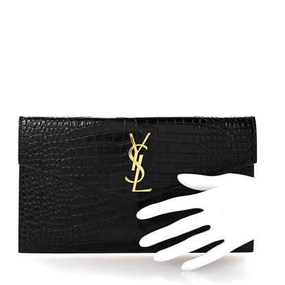 Saint Laurent Calfskin Crocodile Embossed Uptown Monogram Pouch Black 2 of 6