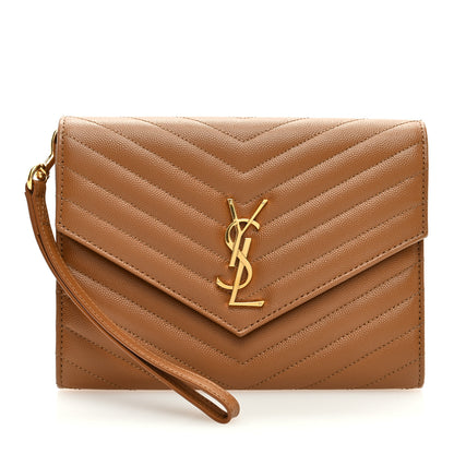 Saint Laurent Grain De Poudre Matelasse Chevron Monogram Cassandre Flap Pouch Natural Dark 1 of 6
