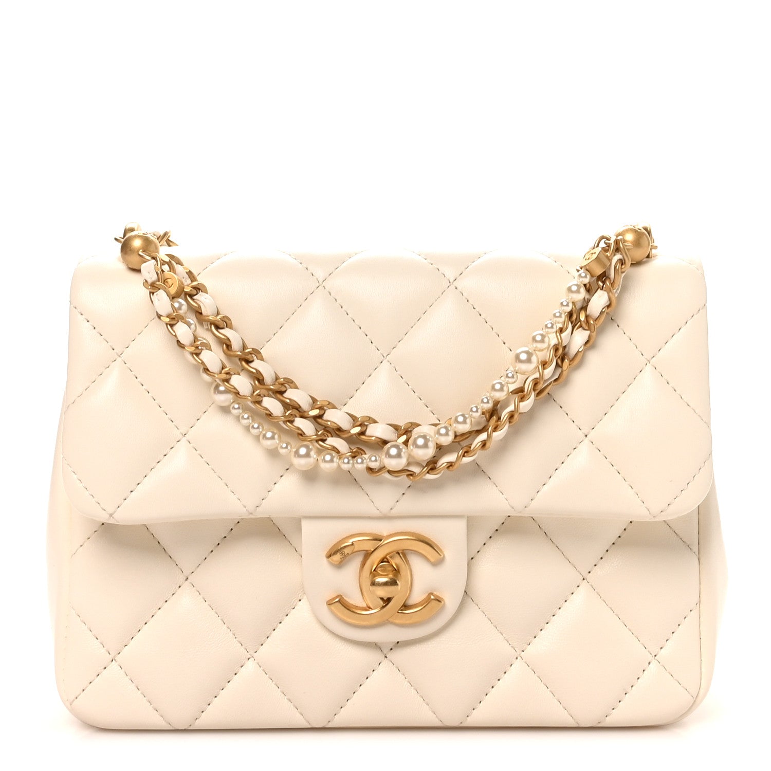 Chanel Shiny Lambskin Quilted Pearl Twist Mini Square Flap White