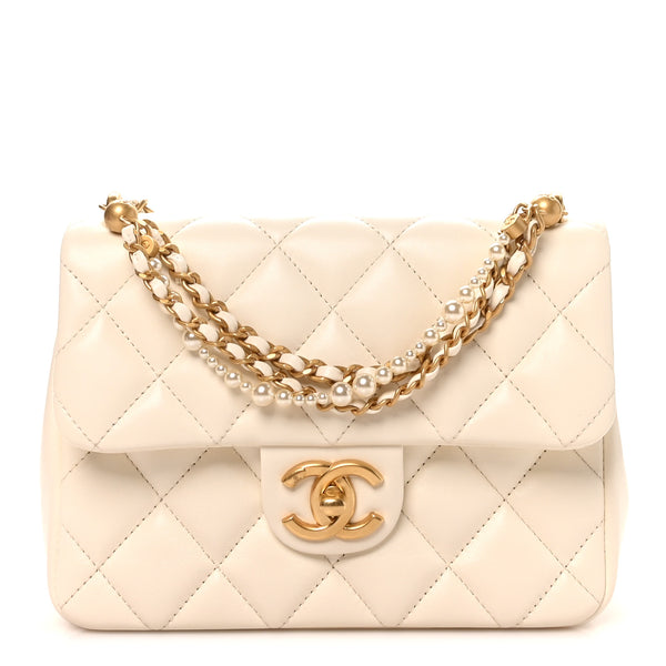 Chanel Shiny Lambskin Quilted Pearl Twist Mini Square Flap White