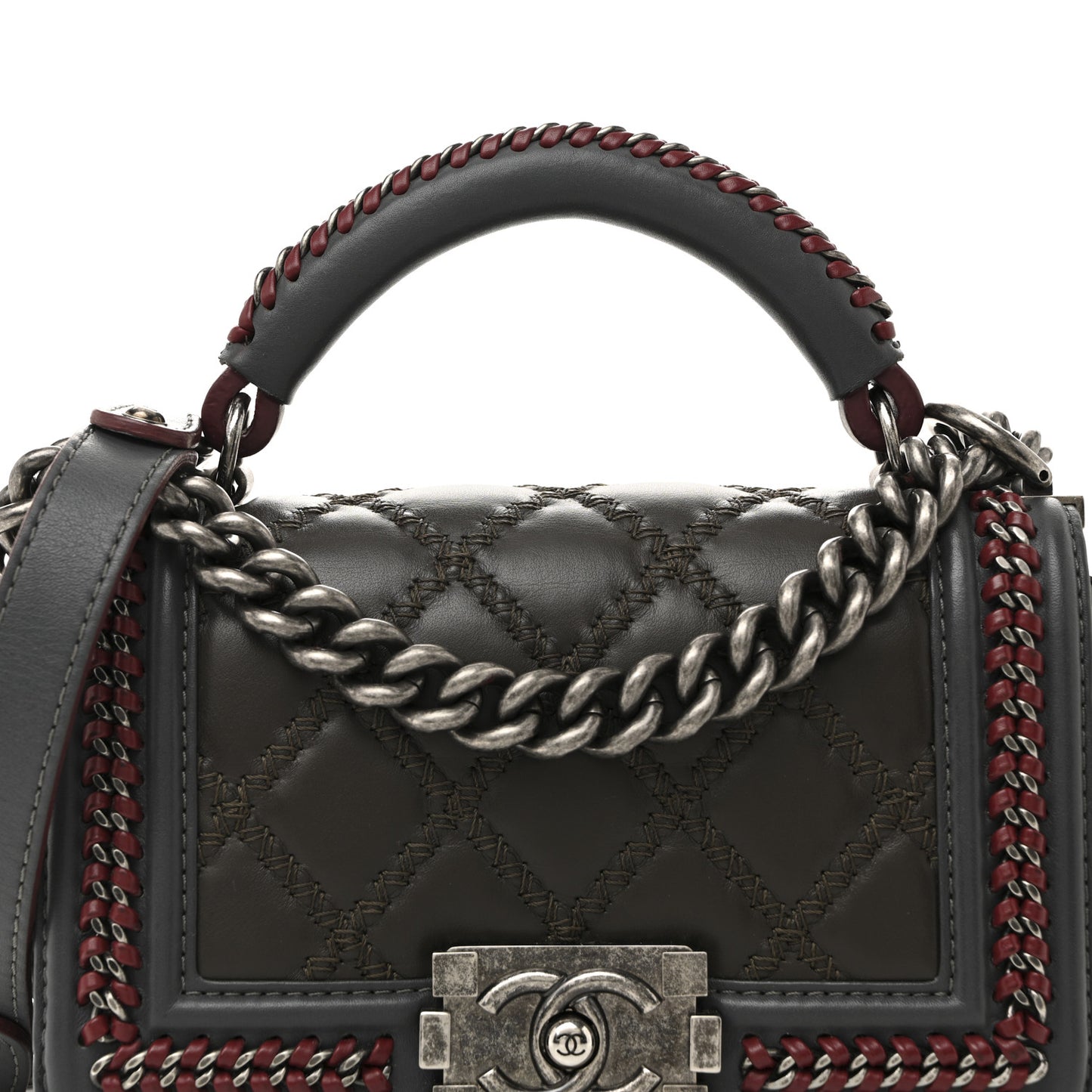 Calfskin Quilted Small Boy Top Handle Flap Grey Burgundy