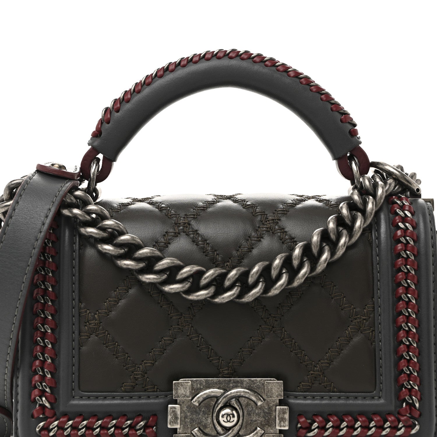 Chanel Calfskin Quilted Small Boy Top Handle Flap Grey Burgundy 10 of 15