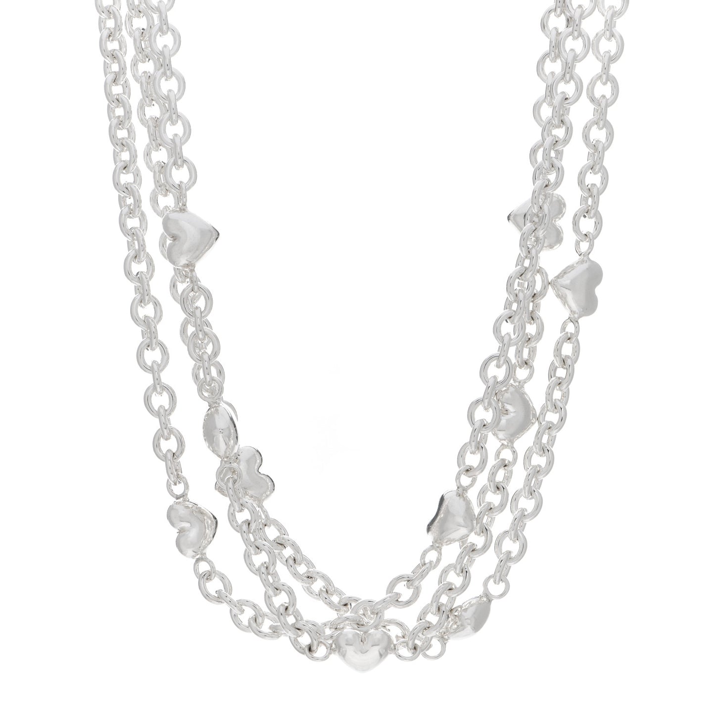 Sterling Silver Puff Heart Multi Strand Necklace