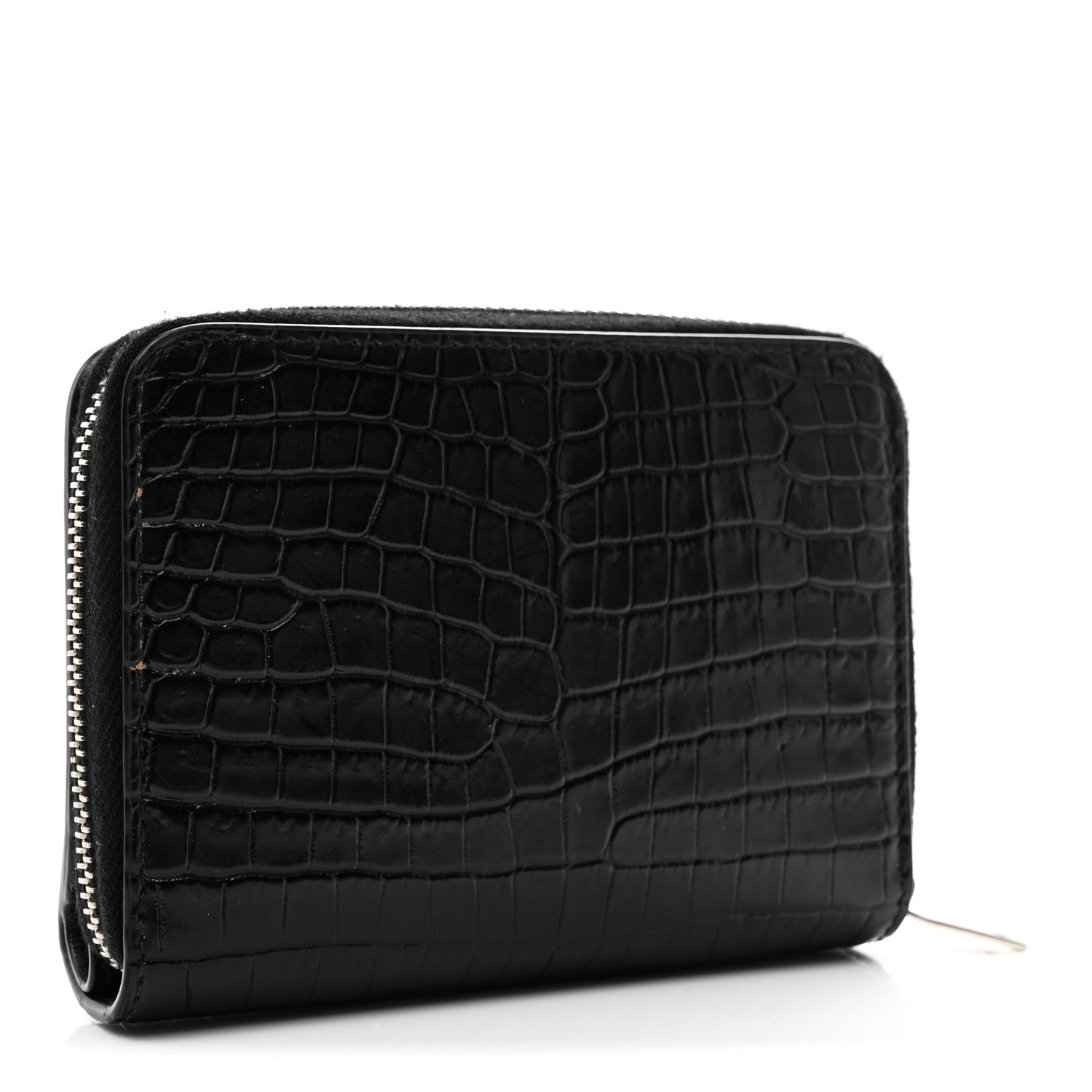 Saint Laurent Calfskin Crocodile Embossed Monogram Compact Wallet Black 3 of 7