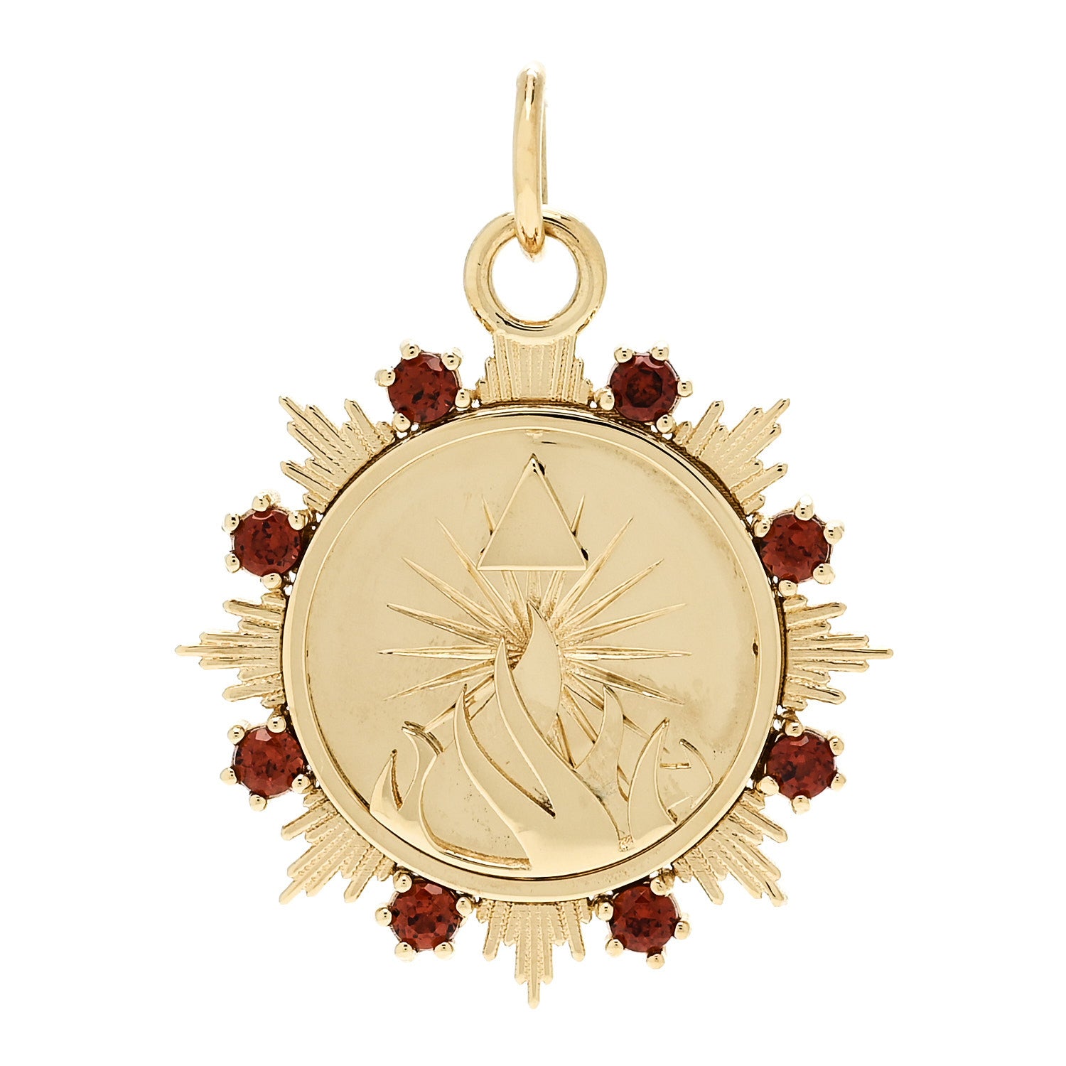 Foundrae 18K Yellow Gold Garnet Fire Astrology Medallion Pendant 1 of 5