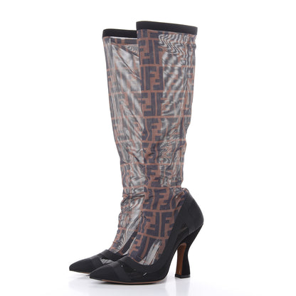 Fendi Technical Mesh FF Colibri High Heel Knee High Boots 35 Black Tobacco 3 of 9