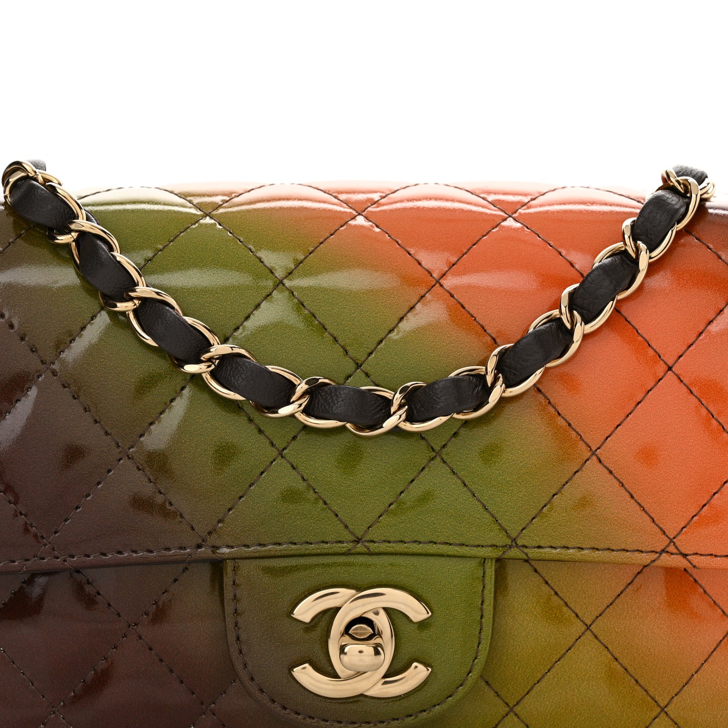Shaded Patent Calfskin Quilted Mini Rectangular Flap Green Orange Dark Brown