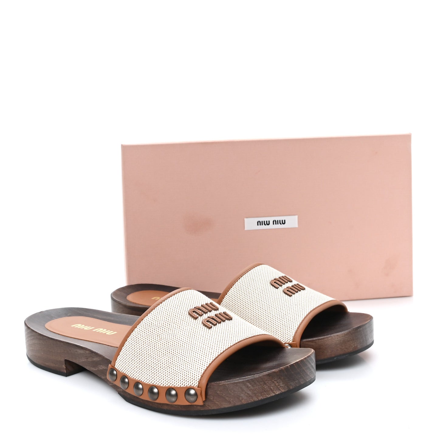 Canvas Calfskin Logo Slide Clogs 39 Naturale Brandy