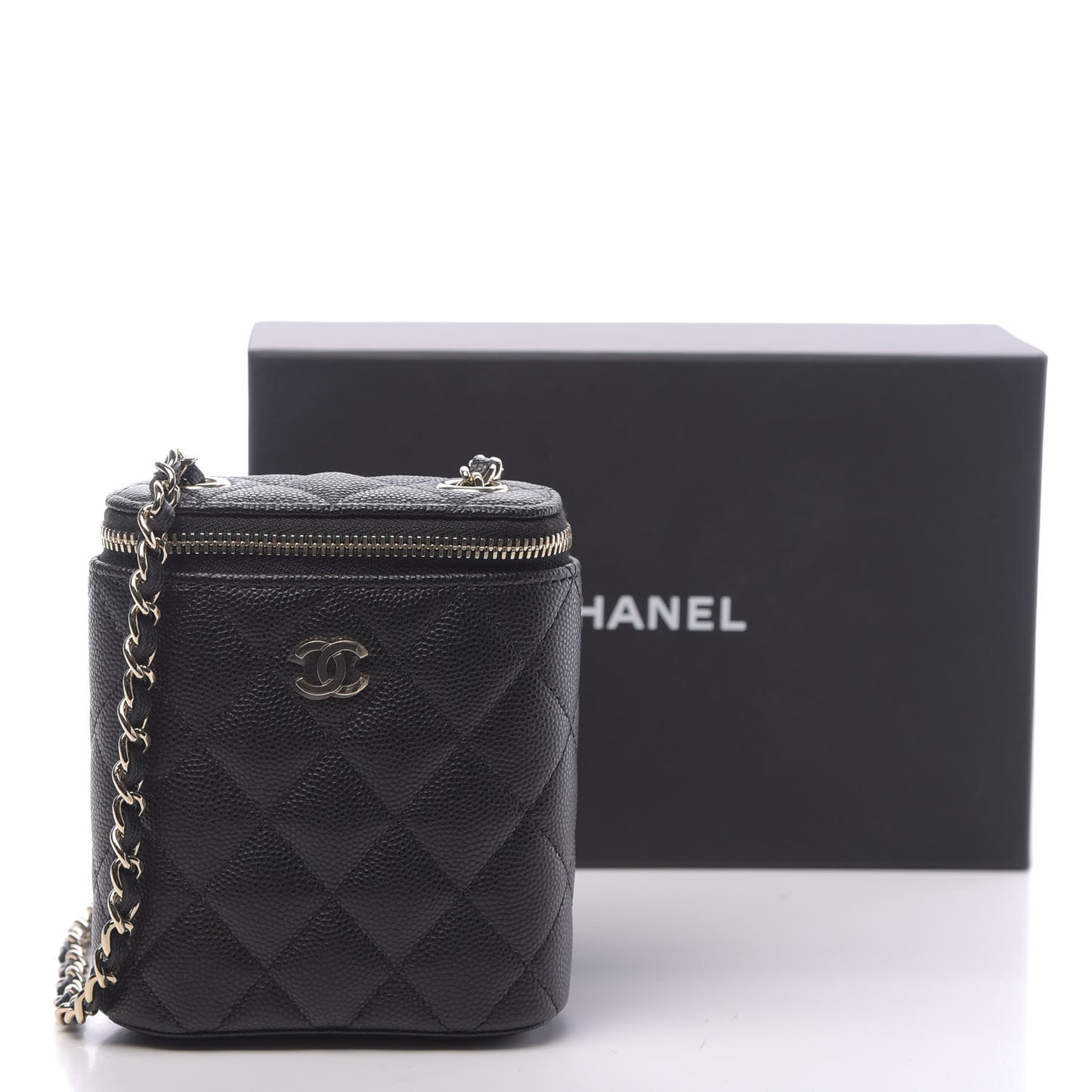 Caviar Quilted Small Vertical Coco Beauty Vanity Case With Chain Black