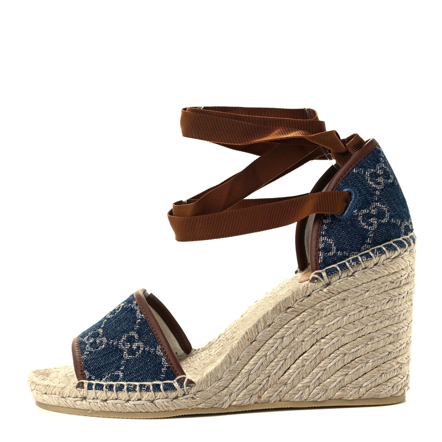 Denim GG Monogram Ankle Wrap Platform Espadrille Wedges 38.5 Blue Tea Cuir