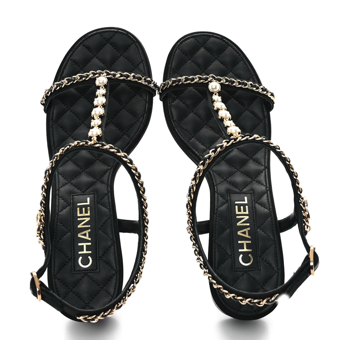 Silk Satin Pearl Chain CC Sandals 37.5 Black
