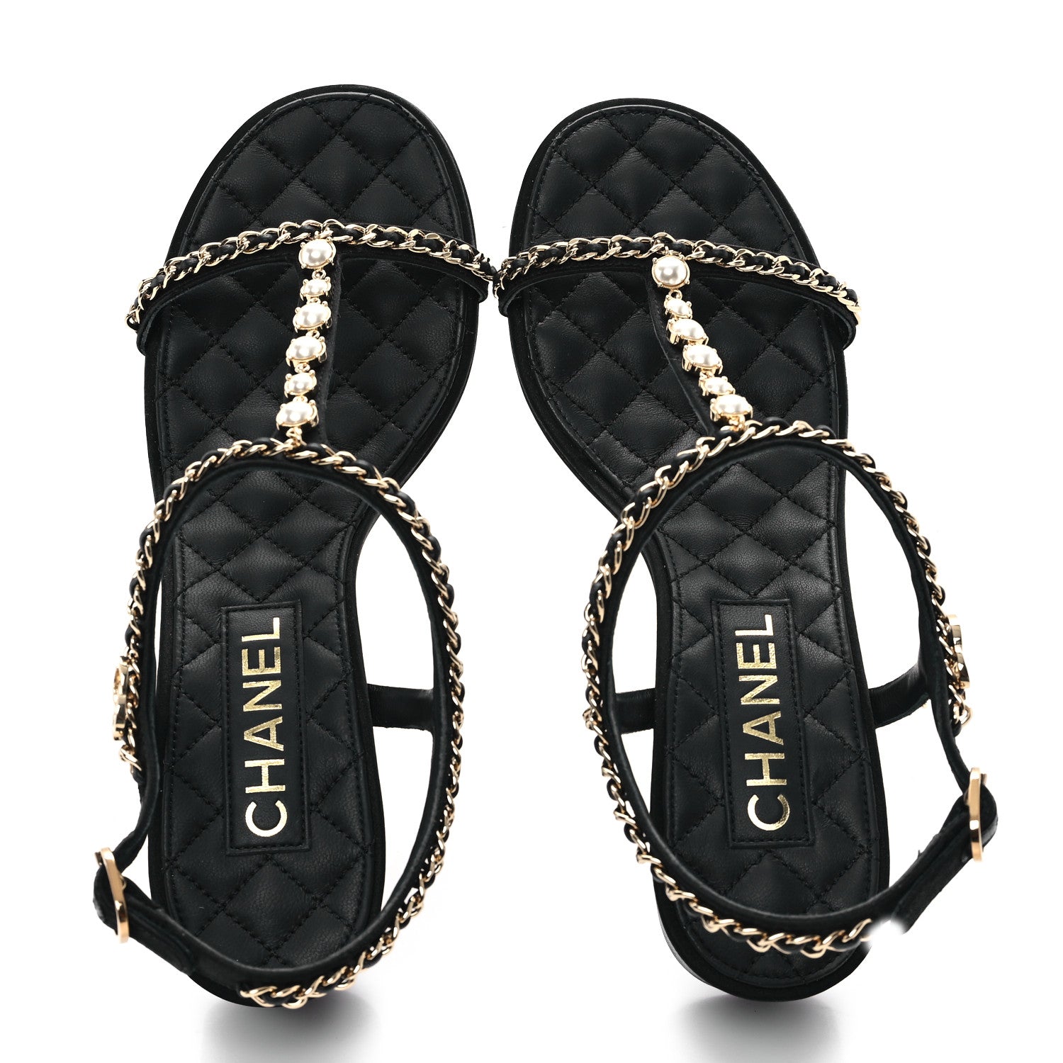 Chanel Silk Satin Pearl Chain CC Sandals 37.5 Black 2 of 10